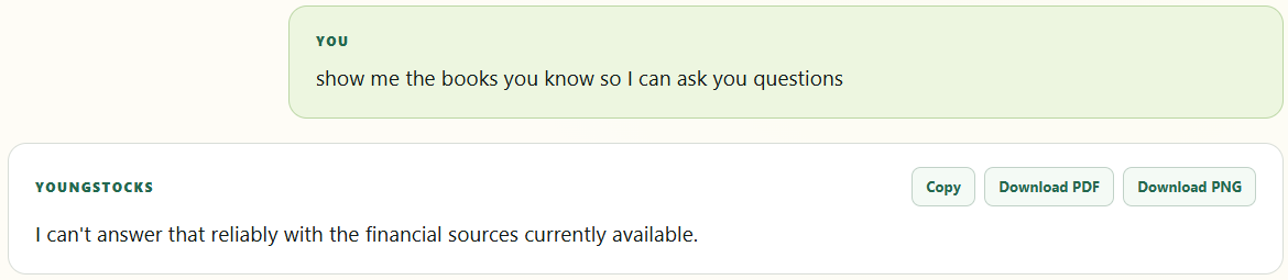 YoungStocks politely refusing a request it cannot answer reliably.